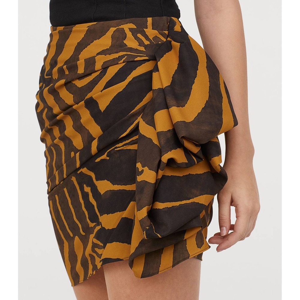 H&M Studio Mini Skirt Tiger Stripe‎ Gold Brown Draped Ruched Party US4 NWT